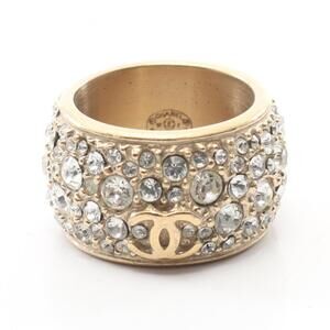 CHANEL Coco Mark Ring, Gold Plated with Rhinestones, Women's, and Clear